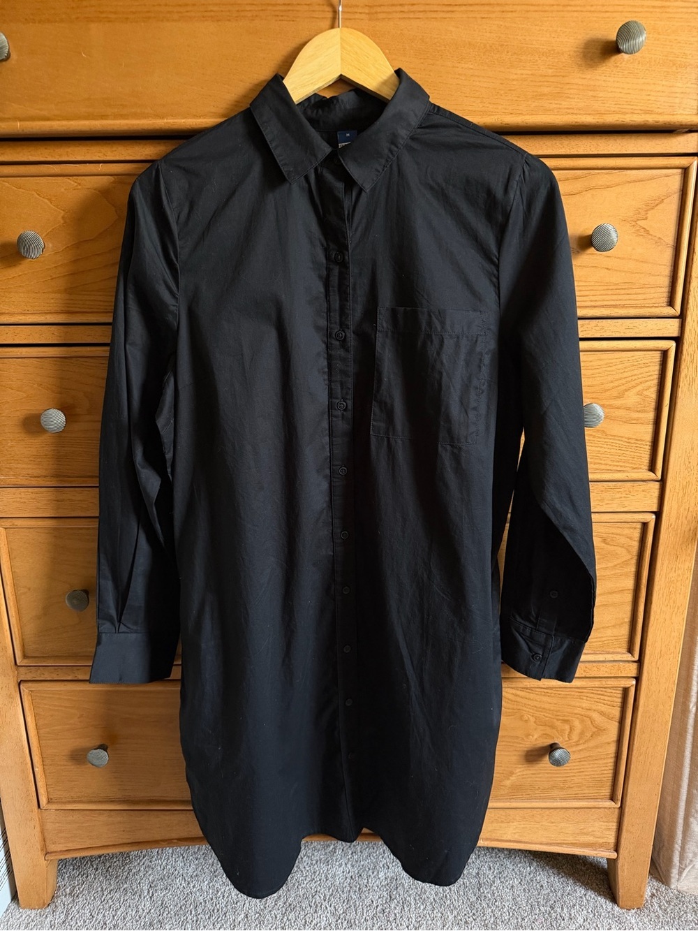 NEW Womens Button Down Long Sleeve Shirt Dress Size Medium Black Minimalist